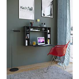 Wandschreibtisch Wandila, ideal für das Home Office, ausklappbare Tischplatte & 7 Fächer, B 900 x T 200/670 x H 600 mm, Holz, schwarz