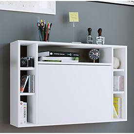 Wandschreibtisch Wandila, ideal für das Home Office, ausklappbare Tischplatte & 7 Fächer, B 900 x T 200/670 x H 600 mm, Holz, weiß