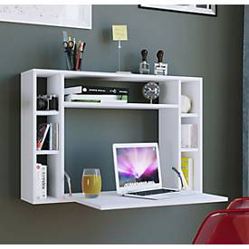 Wandschreibtisch Wandila, ideal für das Home Office, ausklappbare Tischplatte & 7 Fächer, B 900 x T 200/670 x H 600 mm, Holz, weiß