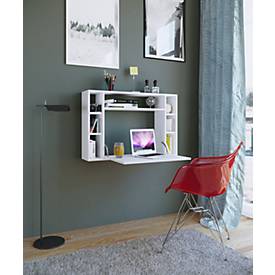 Wandschreibtisch Wandila, ideal für das Home Office, ausklappbare Tischplatte & 7 Fächer, B 900 x T 200/670 x H 600 mm, Holz, weiß