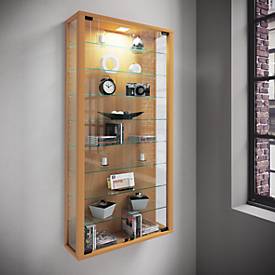 Wandvitrine Vitrosa Maxi, ohne LED-Beleuchtung, 8 Einlegeböden, 2 Flügeltüren, B 590 x T 180 x H 1140 mm, Glas & Holz, Buche-Dekor