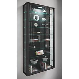 Wandvitrine Vitrosa Maxi, ohne LED-Beleuchtung, 8 Einlegeböden, 2 Flügeltüren, B 590 x T 180 x H 1140 mm, Glas & Holz, schwarz