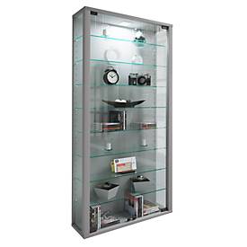 Wandvitrine Vitrosa Maxi, ohne LED-Beleuchtung, 8 Einlegeböden, 2 Flügeltüren, B 590 x T 180 x H 1140 mm, Glas & Holz, silber