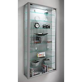 Wandvitrine Vitrosa Maxi, ohne LED-Beleuchtung, 8 Einlegeböden, 2 Flügeltüren, B 590 x T 180 x H 1140 mm, Glas & Holz, silber