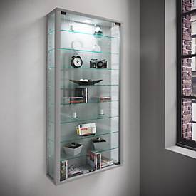 Wandvitrine Vitrosa Maxi, ohne LED-Beleuchtung, 8 Einlegeböden, 2 Flügeltüren, B 590 x T 180 x H 1140 mm, Glas & Holz, silber