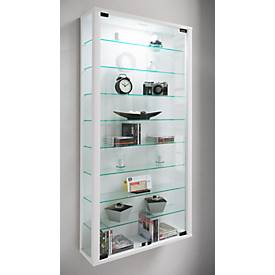 Wandvitrine Vitrosa Maxi, ohne LED-Beleuchtung, 8 Einlegeböden, 2 Flügeltüren, B 590 x T 180 x H 1140 mm, Glas & Holz, weiß