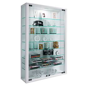 Wandvitrine Vitrosa Mini, mit LED-Beleuchtung, 8 Einlegeböden, 2 Flügeltüren, B 590 x T 180 x H 910 mm, Glas & Holz, wei