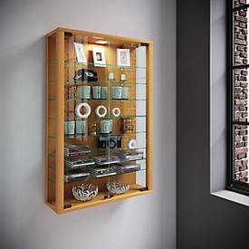Wandvitrine Vitrosa Mini, ohne LED-Beleuchtung, 8 Einlegeböden, 2 Flügeltüren, B 590 x T 180 x H 910 mm, Glas & Holz, Buche-Dekor