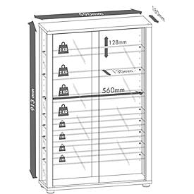 Wandvitrine Vitrosa Mini, ohne LED-Beleuchtung, 8 Einlegeböden, 2 Flügeltüren, B 590 x T 180 x H 910 mm, Glas & Holz, Buche-Dekor