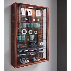 Wandvitrine Vitrosa Mini, ohne LED-Beleuchtung, 8 Einlegeböden, 2 Flügeltüren, B 590 x T 180 x H 910 mm, Glas & Holz, Kern-Nussbaum-Dekor