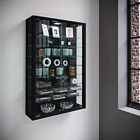 Wandvitrine Vitrosa Mini, ohne LED-Beleuchtung, 8 Einlegeböden, 2 Flügeltüren, B 590 x T 180 x H 910 mm, Glas & Holz, schwarz