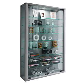 Wandvitrine Vitrosa Mini, ohne LED-Beleuchtung, 8 Einlegeböden, 2 Flügeltüren, B 590 x T 180 x H 910 mm, Glas & Holz, silber