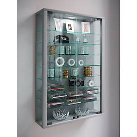 Wandvitrine Vitrosa Mini, ohne LED-Beleuchtung, 8 Einlegeböden, 2 Flügeltüren, B 590 x T 180 x H 910 mm, Glas & Holz, silber