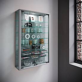 Wandvitrine Vitrosa Mini, ohne LED-Beleuchtung, 8 Einlegeböden, 2 Flügeltüren, B 590 x T 180 x H 910 mm, Glas & Holz, silber