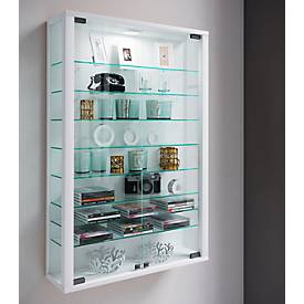 Wandvitrine Vitrosa Mini, ohne LED-Beleuchtung, 8 Einlegeböden, 2 Flügeltüren, B 590 x T 180 x H 910 mm, Glas & Holz, weiß