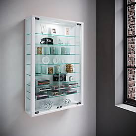 Wandvitrine Vitrosa Mini, ohne LED-Beleuchtung, 8 Einlegeböden, 2 Flügeltüren, B 590 x T 180 x H 910 mm, Glas & Holz, weiß