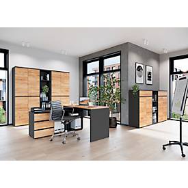 Wangenschreibtisch Boston, mit Knieblende, B 1580 x T 790 x H 750 mm, Navarra Eiche/graphit