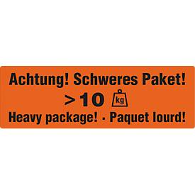 Warnetiketten „Achtung! Schweres Paket >10 KG“, 3-sprachig, 148 x 48 mm, perforiert, Haftpapier, leuchtrot mit schwarzem Aufdruck, 1 Rolle mit 500 Stück