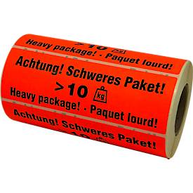 Warnetiketten „Achtung! Schweres Paket >10 KG“, 3-sprachig, 148 x 48 mm, perforiert, Haftpapier, leuchtrot mit schwarzem Aufdruck, 1 Rolle mit 500 Stück