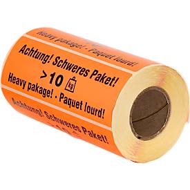 Warnetiketten „Achtung! Schweres Paket >10 KG“, 3-sprachig, 148 x 48 mm, perforiert, Haftpapier, leuchtrot mit schwarzem Aufdruck, 1 Rolle mit 500 Stück