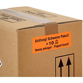 Warnetiketten „Achtung! Schweres Paket >10 KG“, 3-sprachig, 148 x 48 mm, perforiert, Haftpapier, leuchtrot mit schwarzem Aufdruck, 1 Rolle mit 500 Stück