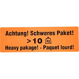 Warnetiketten „Achtung! Schweres Paket >10 KG“, 3-sprachig, 148 x 48 mm, perforiert, Haftpapier, leuchtrot mit schwarzem Aufdruck, 1 Rolle mit 500 Stück