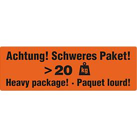 Warnetiketten „Achtung! Schweres Paket >20 KG“, 3-sprachig, 148 x 48 mm, perforiert, Haftpapier, leuchtrot mit schwarzem Aufdruck, 1 Rolle mit 500 Stück