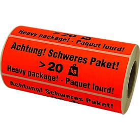 Warnetiketten „Achtung! Schweres Paket >20 KG“, 3-sprachig, 148 x 48 mm, perforiert, Haftpapier, leuchtrot mit schwarzem Aufdruck, 1 Rolle mit 500 Stück