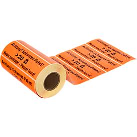 Warnetiketten „Achtung! Schweres Paket >20 KG“, 3-sprachig, 148 x 48 mm, perforiert, Haftpapier, leuchtrot mit schwarzem Aufdruck, 1 Rolle mit 500 Stück