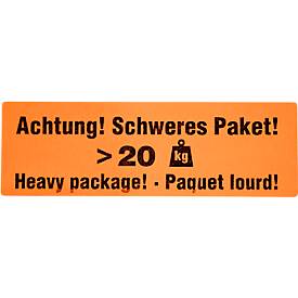 Warnetiketten „Achtung! Schweres Paket >20 KG“, 3-sprachig, 148 x 48 mm, perforiert, Haftpapier, leuchtrot mit schwarzem Aufdruck, 1 Rolle mit 500 Stück