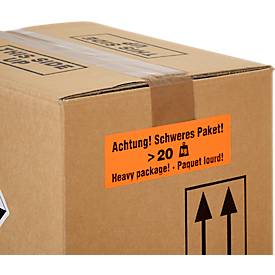 Warnetiketten „Achtung! Schweres Paket >20 KG“, 3-sprachig, 148 x 48 mm, perforiert, Haftpapier, leuchtrot mit schwarzem Aufdruck, 1 Rolle mit 500 Stück