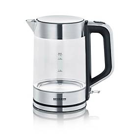 Wasserkocher, 1,7 Liter, 2.200 Watt, Edelstahl/Glas, Dampfstopp‑Automatik, herausnehmbarer Kalkfilter, B 240 x T 140 x H 245 mm, Schwarz/Silber