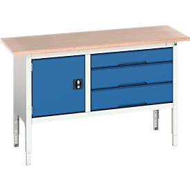 Werkbank Bott verso, bis zu 600 kg, 3 Schubladen & 1 Tür, B 1500 x T 600 x H 830 - 930 mm, Buche Multiplex, Stahl, Lichtgrau RAL 7035 / Enzianblau RAL 5010