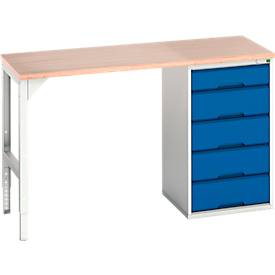 Werkbank Bott verso, bis zu 600 kg, 5 Schubladen, B 1500 x T 600 x H 930 mm, Buche Multiplex, Stahl, Grau