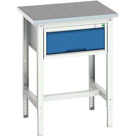 Werkbank Bott verso, Linoleum-Platte, 1 Schublade, mit Querstrebenset, B 700 x T 600 x H 780 - 930 mm, RAL 7035 Lichtgrau / Enzianblau
