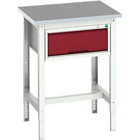Werkbank Bott verso, Linoleum-Platte, 1 Schublade, mit Querstrebenset, B 700 x T 600 x H 780 - 930 mm, RAL 7035 Lichtgrau / Purpurrot