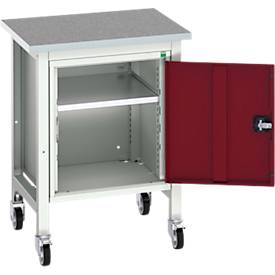 Werkbank Bott verso, Linoleum-Platte, 1 Tür & 1 Ablageboden, B 700 x T 600 x H 930 mm, Lichtgrau / Purpurrot