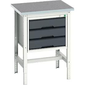 Werkbank Bott verso, Linoleum-Platte, mit Querstrebenset, 3 Schubladen, B 700 x T 600 x H 780 - 930 mm, Lichtgrau / Anthrazitgrau