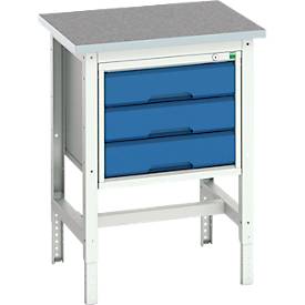 Werkbank Bott verso, Linoleum-Platte, mit Querstrebenset, 3 Schubladen, B 700 x T 600 x H 780 - 930 mm, Lichtgrau / Enzianblau