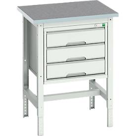 Werkbank Bott verso, Linoleum-Platte, mit Querstrebenset, 3 Schubladen, B 700 x T 600 x H 780 - 930 mm, Lichtgrau