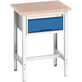 Werkbank Bott verso, Multiplex-Platte, 1 Schublade, mit Querstrebenset, B 700 x T 600 x H 780 - 930 mm, RAL 7035 Lichtgrau / Enzianblau
