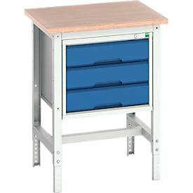 Werkbank Bott verso, Multiplex-Platte, mit Querstrebenset, 3 Schubladen, B 700 x T 600 x H 780 - 930 mm, Lichtgrau / Enzianblau
