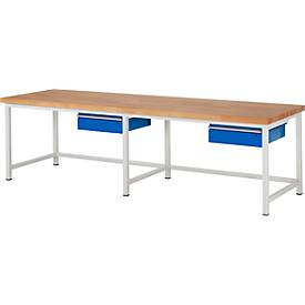 Werkbank Modell 8001, 2 Schubladen, mit Querstrebe, B 2500 oder 3000 mm