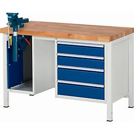 Werkbank Modell 8185, 4 Schubladen, Schrank mit Einschiebetür, inkl. Schraubstock, B 1250 x T 700