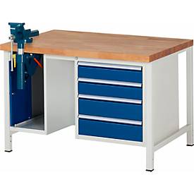 Werkbank Modell 8185, 4 Schubladen, Schrank mit Einschiebetür, inkl. Schraubstock, B 1500 x T 700