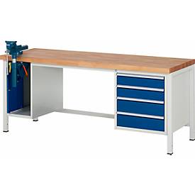 Werkbank Modell 8185, 4 Schubladen, Schrank mit Einschiebetür, inkl. Schraubstock,  B 2000 x T 700