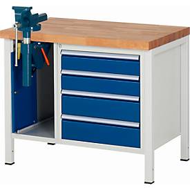 Werkbank Modell 8185, 4 Schubladen, Schrank mit Einschiebetür, inkl. Schraubstock