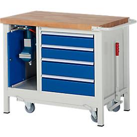 Werkbank Modell 8185, fahrbar, absenkbar, mit Schrank und Schubladen, B 1000 x T 700 x H 880 mm