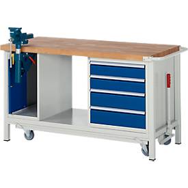 Werkbank Modell 8185, fahrbar, absenkbar, mit Schrank und Schubladen,  B 1500 x T 700 x H 880 mm