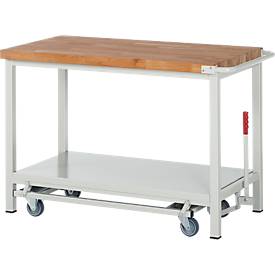 Werkbank Serie 8000, fahrbar, absenkbar, Ablageboden, B 1250 x T 700 x H 880 mm